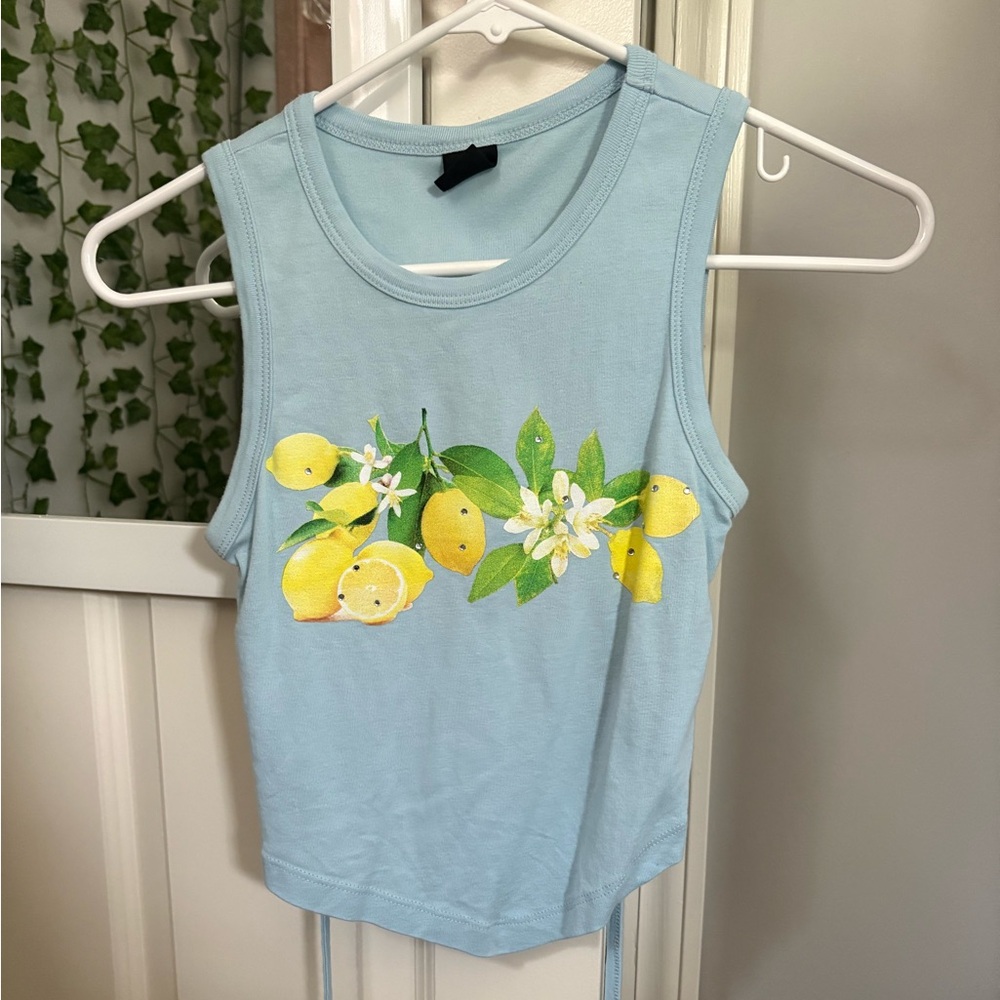 Urban Outfitters Blue Lemon Print Backless Cropped Tank